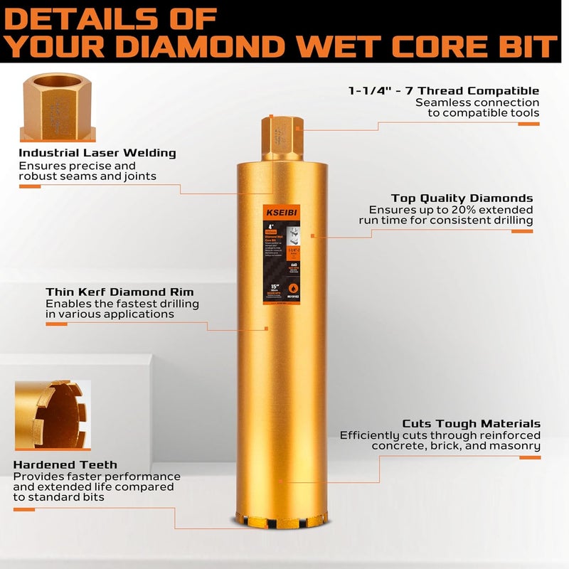 KSEIBI 619127 Wet Concrete Core Drill Bit, 5-Inch Diameter for Drilling Concrete, Marble, Granite, Brick, and Hard Masonry 16-Inch Drilling Depth, 1-1/4"-7 Arbor, 10mm Segment Height Diamond Hole Saw - Image 3